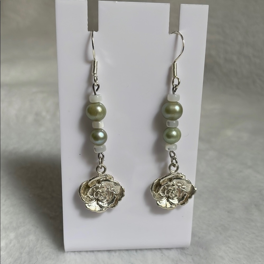 Silver Rose and Green Pearl Dangle Earrings